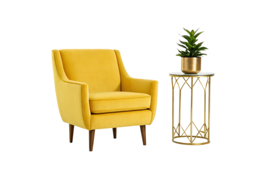 Modern yellow upholstered armchair with wooden legs next to gold geometric side table with green plant, isolated on a transparent background
