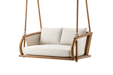 Wooden porch swing bed with beige cushions and pillows suspended by braided rope chains, isolated on a transparent background