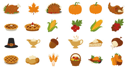 Thanksgiving symbols flat icon set with turkey pie and harvest