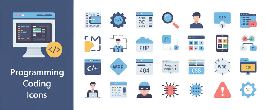 A flat design illustration of programming and coding icons arranged in a grid layout.