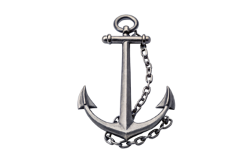 Modern metallic anchor with chain attached to shackle at top lifting point, isolated on a transparent background