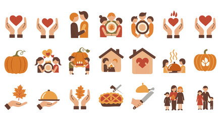 Fototapeta premium Family and gratitude icon set flat vector Thanksgiving concepts