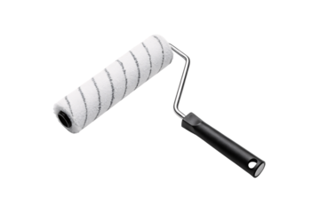 White paint roller with textured sleeve and black handle for wall painting, isolated on a transparent background
