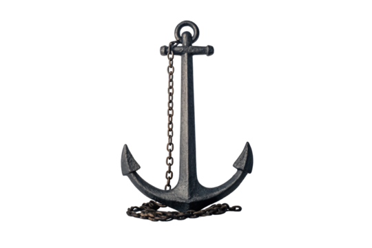Heavy duty ship anchor with chain hanging from left side of crossbar, isolated on a transparent background