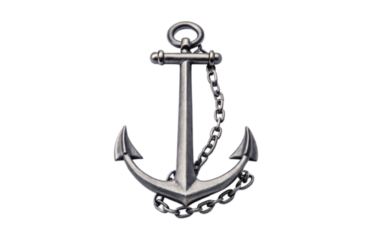 Modern metallic anchor with chain attached to shackle at top lifting point, isolated on a transparent background