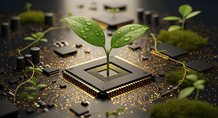 Green technology breakthrough, sustainable innovation sprouts from advanced circuit board, growth and future concept