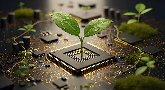 Green technology breakthrough, sustainable innovation sprouts from advanced circuit board, growth and future concept - Powered by Adobe