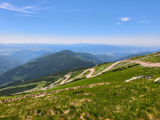 Naklejka premium Winding mountain road traversing lush green slopes in slovakia