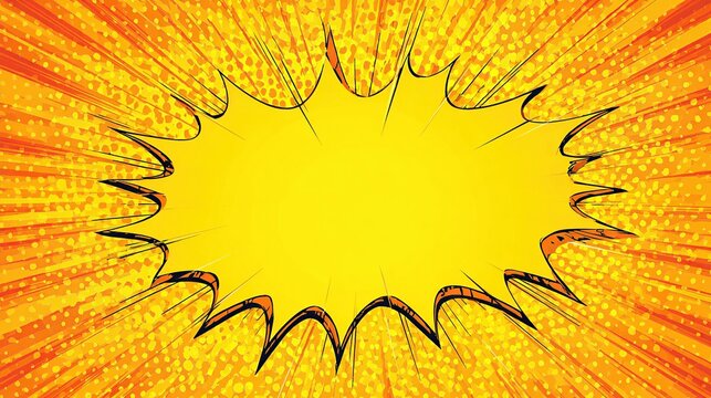 A bright yellow, jagged-edged empty speech bubble bursts from a background of orange radial lines and dots