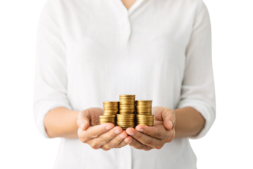 Person in white shirt holding six neat stacks of golden coins in cupped hands, isolated on a transparent background