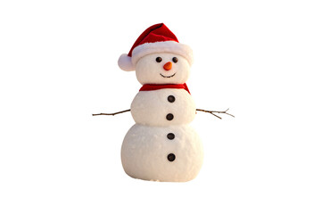 Cheerful white snowman wearing red Santa hat and scarf with stick arms, isolated on a transparent background