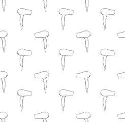 Hair Dryer Hair Salon seamless pattern. Vector graphic line ink illustration. background for banners, print for fabric, labels, t-shirt printing. Coloring Sheet for Stress Relief and Relaxation