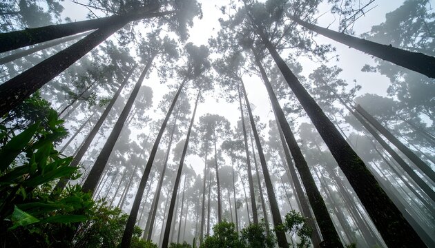 Tall pine trees reaching for the sky in a misty forest landscape