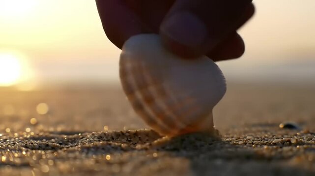 Close-up of a hand picking up a seashell on a sandy beach during sunset, with waves in the background