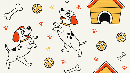 Seamless cute puppy pattern vector with happy dog faces, bones, and paws in cartoon style, ideal for kids' fabric, gift wrap, wallpaper, and playful packaging design.

