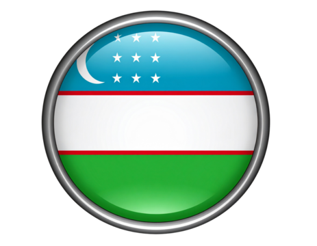 Glossy Round Uzbekistan Flag Button, Front View, Isolated on Transparent Background
