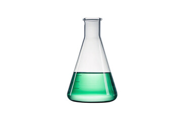 Conical laboratory flask filled with bright green chemical solution and measurement markings visible, isolated on a transparent background