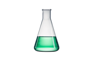Conical laboratory flask filled with bright green chemical solution and measurement markings visible, isolated on a transparent background