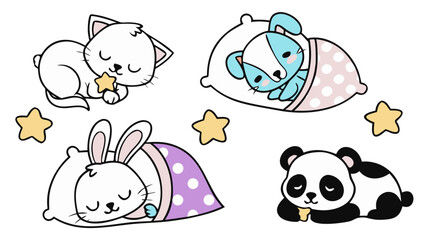 Sweet vector of a sleeping bunny and panda in cartoon style, perfect for baby products, bedtime stories, kids&rsquo; apps, and nursery-themed designs in soft pastel tones.

