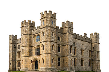 Fototapeta premium Medieval castle gatehouse with central tower flanked by smaller towers and Gothic windows, isolated on a transparent background