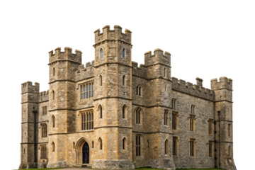 Medieval castle gatehouse with central tower flanked by smaller towers and Gothic windows, isolated on a transparent background