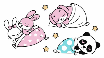 Sweet vector of a sleeping bunny and panda in cartoon style, perfect for baby products, bedtime stories, kids&rsquo; apps, and nursery-themed designs in soft pastel tones.

