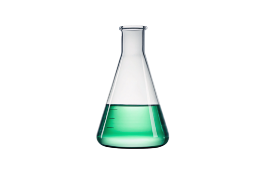Conical laboratory flask filled with bright green chemical solution and measurement markings visible, isolated on a transparent background