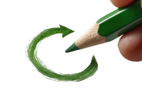 Close-up of a hand holding a green pencil, drawing a recycling symbol