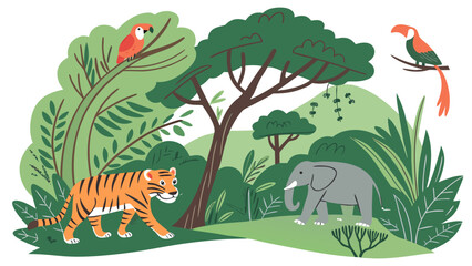 Jungle Safari Animal Vectors – Lion, Giraffe, Zebra, Rhino, Monkey in Playful Flat Style for Books, Posters, and Kids Activities