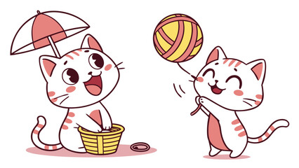 Adorable vector of a kawaii-style cat playing with a yarn ball, ideal for children’s books, apps, stickers, and fun pet-themed products in soft flat colors.

