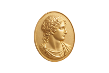 Golden oval cameo relief portrait of classical figure with flowing hair and draped clothing, isolated on a transparent background