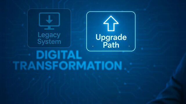 Digital transformation upgrade path concept pressing button overcoming innovator dilemma for business growth technology strategy future progress