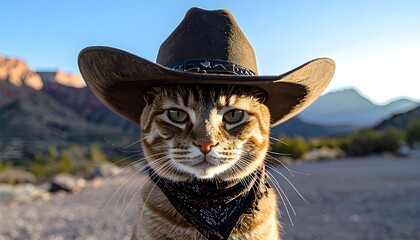 A confident tabby cat wearing a black cowboy hat and bandana poses in a desert landscape, creating a humorous and charming Western-style portrait with a strong personality.
