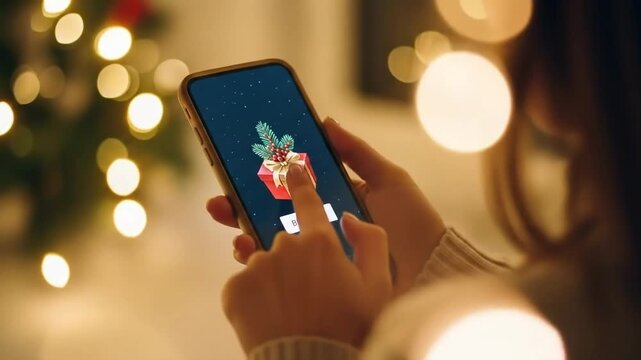 A person's hand holds a smartphone, showing a holiday gift with a "Buy Now" button for convenient online shopping.