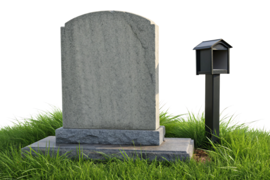 Gray granite headstone with rounded top on concrete base surrounded by green grass and memorial lamp, isolated on a transparent background