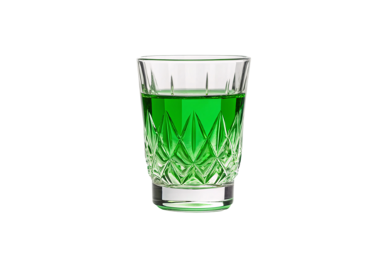 Green liquid in crystal cut glass tumbler with diamond pattern faceted design, isolated on a transparent background