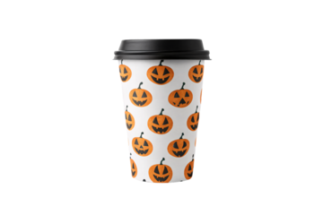 Halloween themed takeaway coffee cup with black lid displaying repeating orange carved pumpkin jack-o'-lantern pattern design, isolated on a transparent background