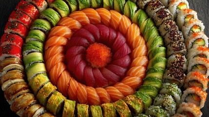 A vibrant, circular sushi arrangement showcases a variety of rolls with diverse ingredients and bright colors