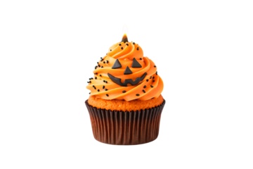 Halloween cupcake with tall orange frosting swirl, jack-o'-lantern face and black sprinkles, isolated on a transparent background