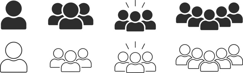 People group icons, user avatar symbols, team profile illustrations, web interface elements, minimal design, vector silhouettes for website UI