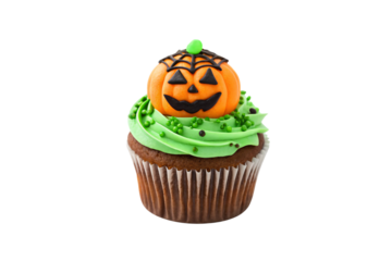 Halloween cupcake with green frosting, fondant pumpkin topper with carved face details, isolated on a transparent background