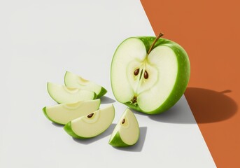 Crisp Green Apple Halved and Sliced on a Modern White and Terracotta Background