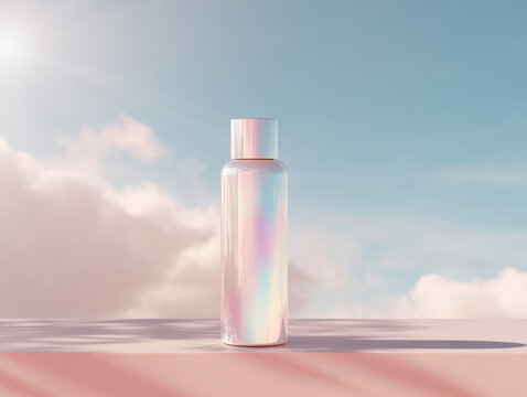 A pearlescent skincare bottle against a dreamy sky background.