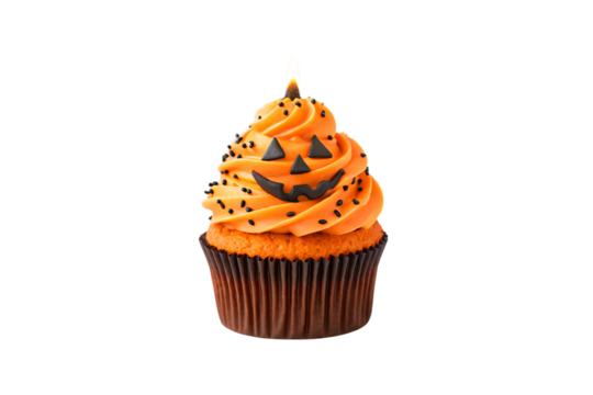 Halloween cupcake with tall orange frosting swirl, jack-o'-lantern face and black sprinkles, isolated on a transparent background