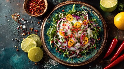 Colorful, close-up shot of a ceviche dish served on a turquoise plate with surrounding fresh ingredients