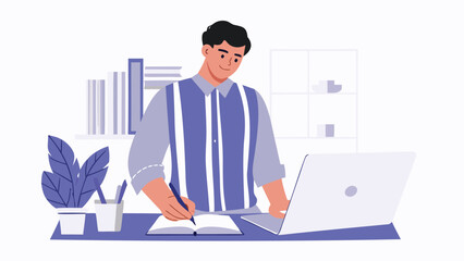 Man working at desk with laptop and notebook in a bright room with books and plant on the table