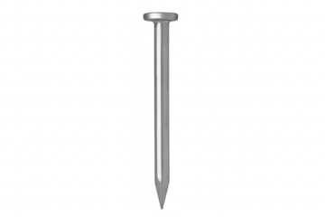 Single metal nail standing on transparent background
