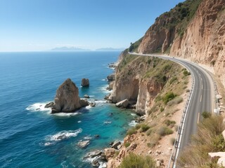 Coastal highway winding along a cliffside with turquoise ocean and rock formations view