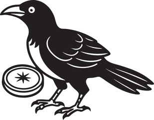 Black crow with coin illustration bird white