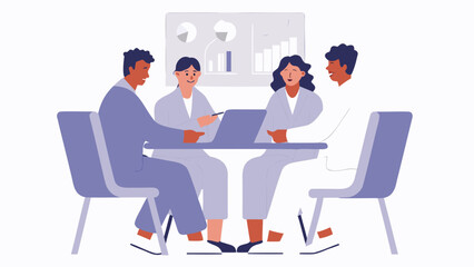 Fototapeta premium Four people sitting around a table with a laptop discussing business charts and graphs in meeting